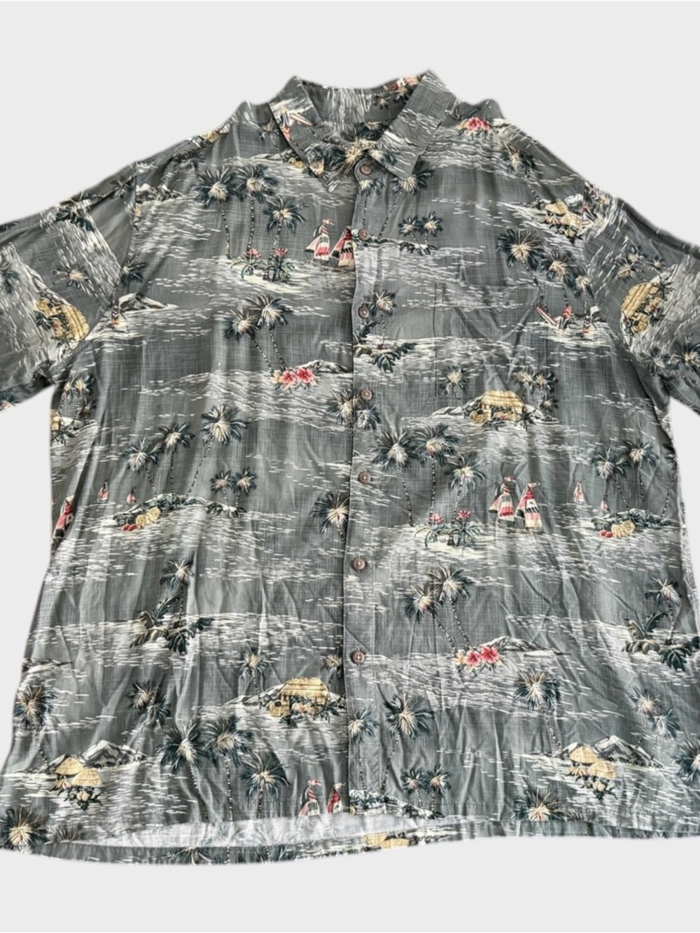 Men's Gray Short-Sleeve Tropical Print Button-Down XXL Easy Care Hawaiian Shirt